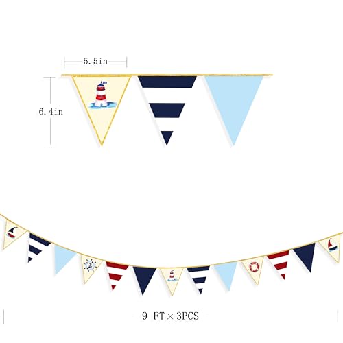 Navy Red Beige Gold Glitter Stamping Paper Pennant Banner Flag Triangle Bunting for Nautical Pirate Ahoy Achor Theme Birthday Wedding Let's Get Nauti Bachelorette Party Decorations Supplies