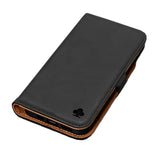Leather Case for iPhone 14, Premium Genuine Leather Stand/Cover/Wallet/Flip Case with 2 Card Slots, Horizontal Stand, Durable Frame, Black/Tan