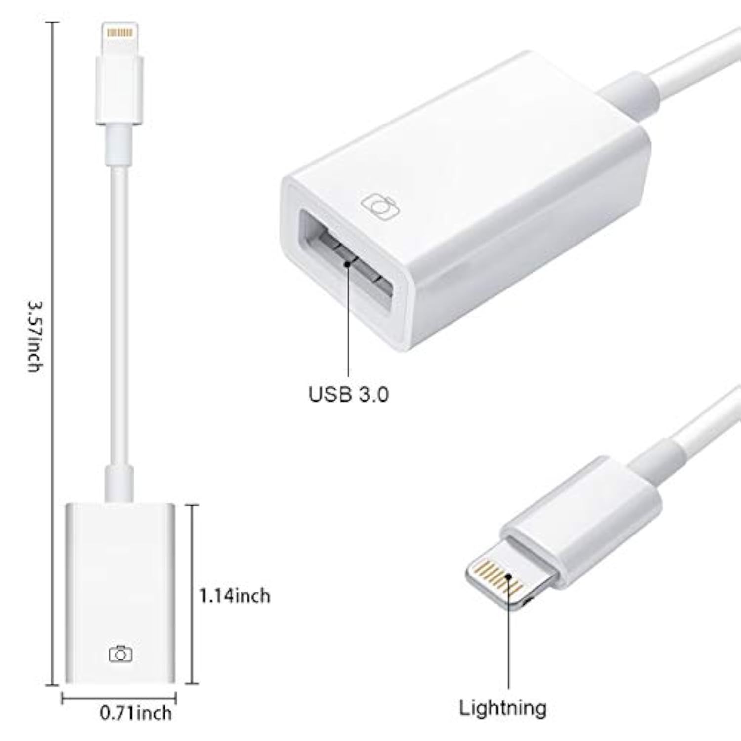 Lightning To Usb Camera Adapter Lightning Female Otg Cable Adapter For Select Iphone,Ipad Models Support Connect Camera, Card Reader, Usb Flash Drive, Midi Keyboard, White
