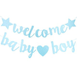Blue Welcome Baby Boy Banner — Gold Glitter Baby Shower & Gender Reveal Decor