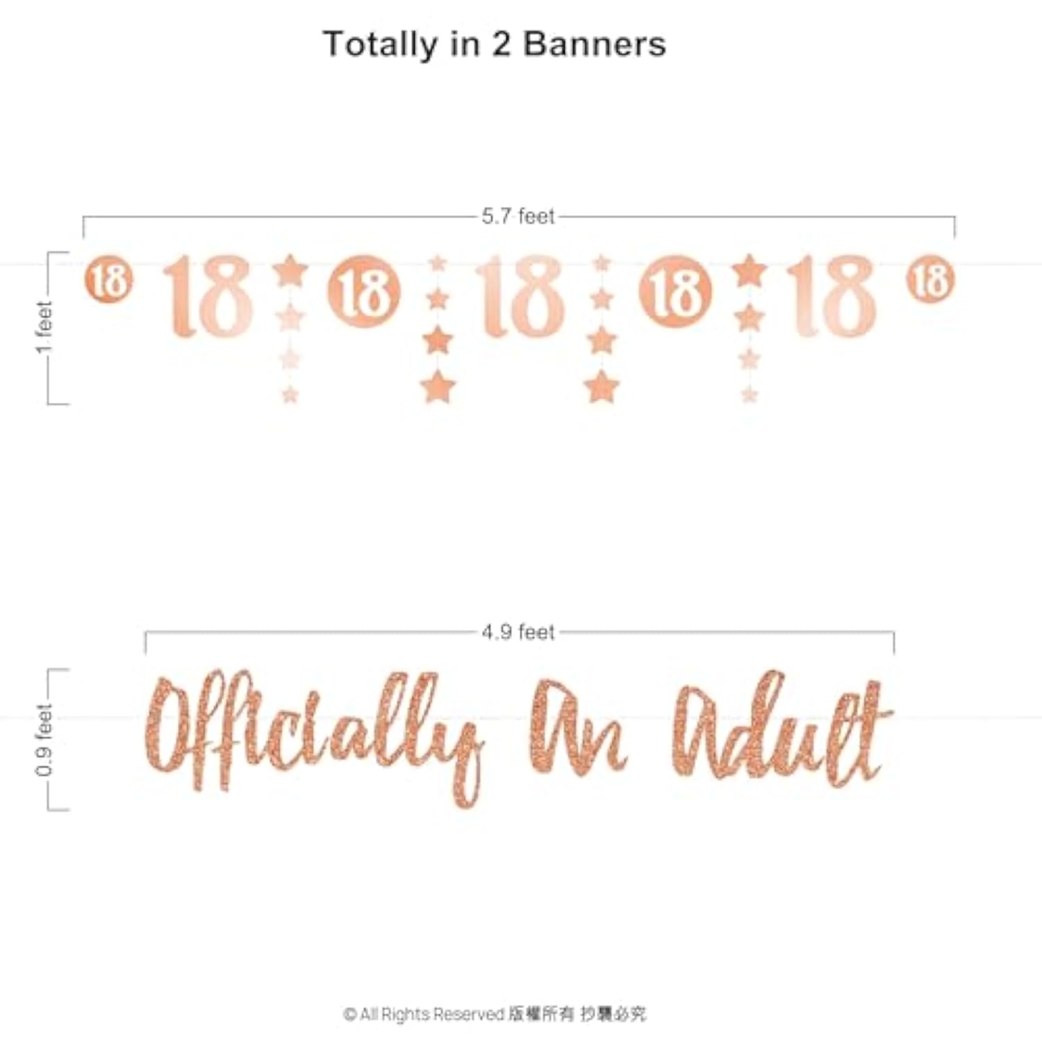 18th Birthday Banner, Rose Gold Glitter, Officially An Adult, Pack of 2