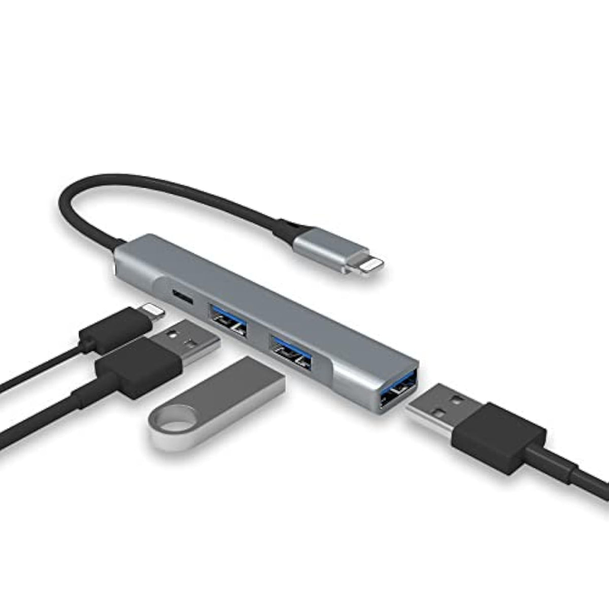 Lightning To Usb Hub [Apple Mfi Certified] 4-In-1 Otg Hub With 3 Usb 3.0 Ports And Fast Charging Port For Iphone/Ipad - Compatible With Microphones, Flash Drive, Keyboard, Mouse, Sound Card