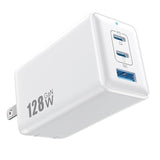 128W USB-C Wall Charger 3-Port GaN Fast Charging Foldable Adapter for MacBook iPad iPhone White