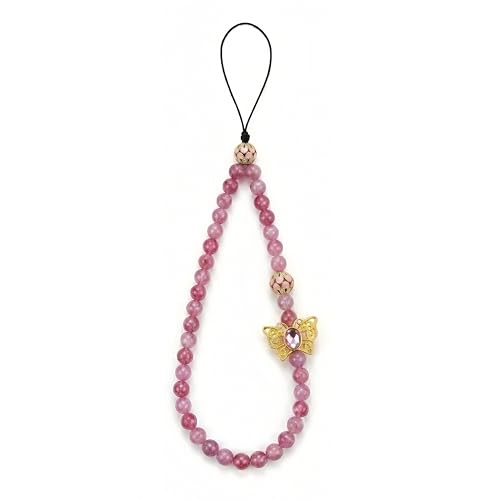 Beaded Phone Wrist Strap Gold Butterfly Charm Vintage Enamel Filigree Beads Chalcedony Beaded Lanyard for iPhone (Pink)