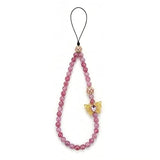 Beaded Phone Wrist Strap Gold Butterfly Charm Vintage Enamel Filigree Beads Chalcedony Beaded Lanyard for iPhone (Pink)