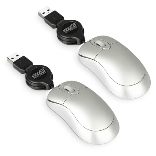 2 Pack Mini Retractable Cable Usb Optical Mouse, Silver, Unisex