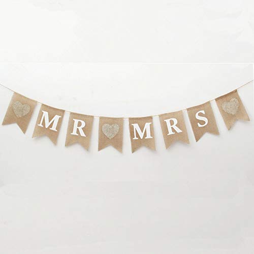 8 Pcs/Set MR and MRS Burlap Banner, Wedding Hanging Banner for Wedding Photo Props, Table or Backdrop Decorations