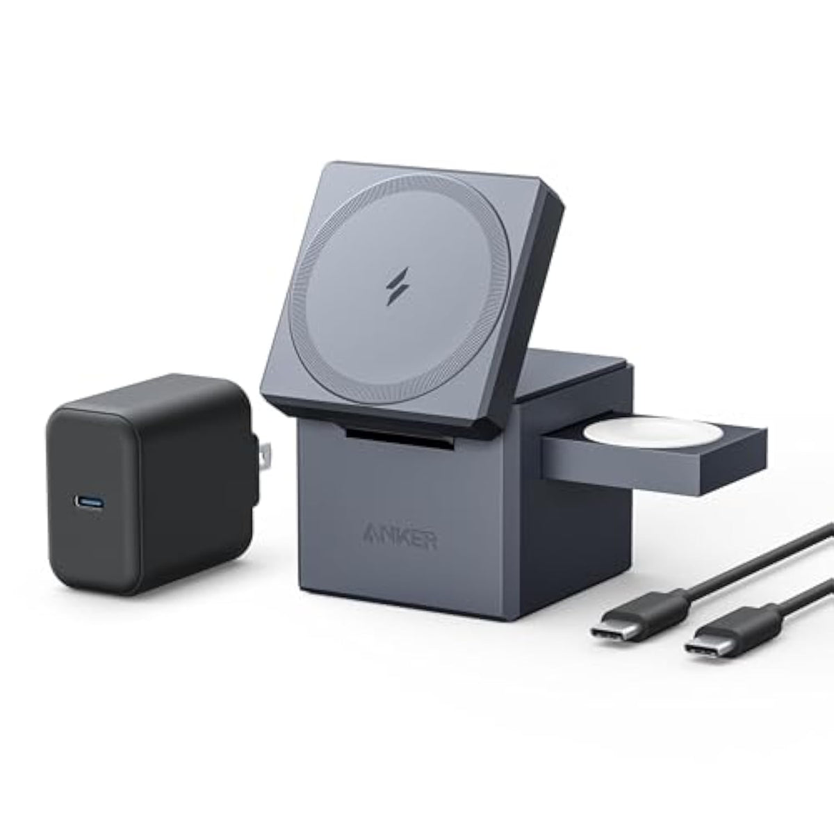 Anker MagSafe Charger Stand, iPhone 16 Wireless Charger, 3-in-1 Cube with MagSafe, 15W Foldable Fast Charging Stand, For iPhone 16/15/14/13, Apple Watch 1-8/Ultra, AirPods (30W USB-C Charger Included)