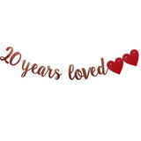 20 Years Loved Banner,Pre-Strung, Rose Gold Paper Glitter Party Decora