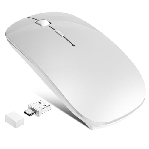 Bluetooth Wireless Laptop Mouse For Macbook Air Ipad Mac, 2.4G Rechargeable Computer Mouse With Jiggler Mode, Silent Optical 2 Mode Bluetooth 5.2/3.0 & 2.4G Usb-A/Type C Portable Mice, Silver