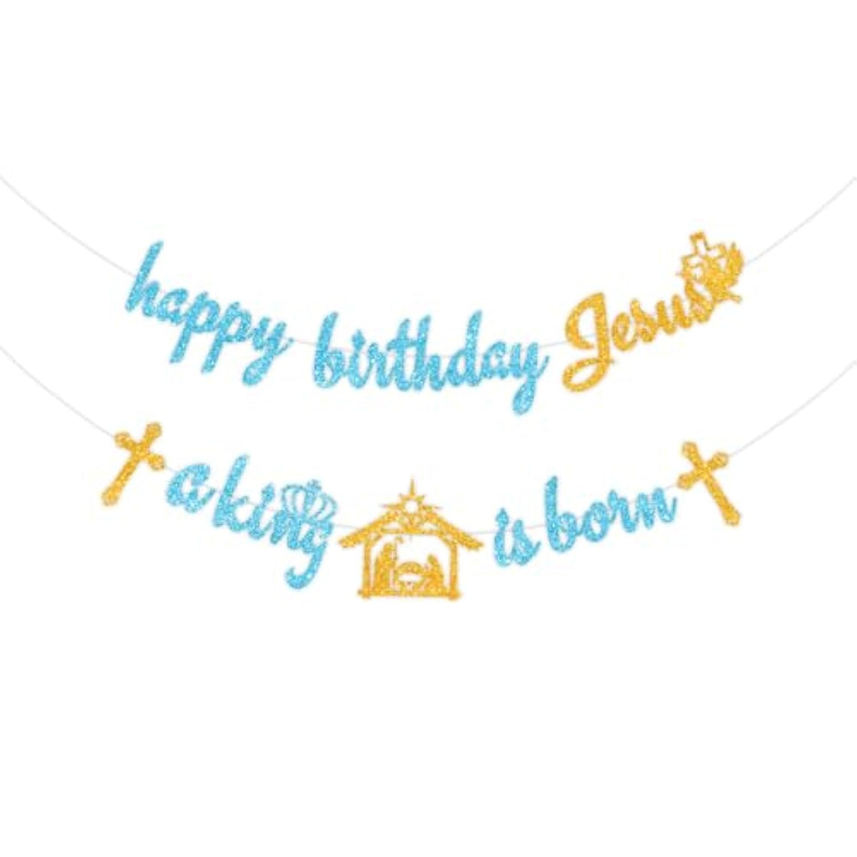 Glitter Happy Birthday Jesus Banner A King Is Born Bunting Banner,Holy Nativity Christian Christmas Jesus Birthday Party Decorations
