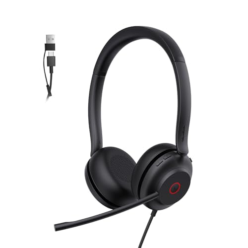 UH35 USB-C/A Headset with Noise Cancelling Microphone, Wired Headphones for Computer PC, Mute Button, Compatible with Zoom, Google and Other Leading