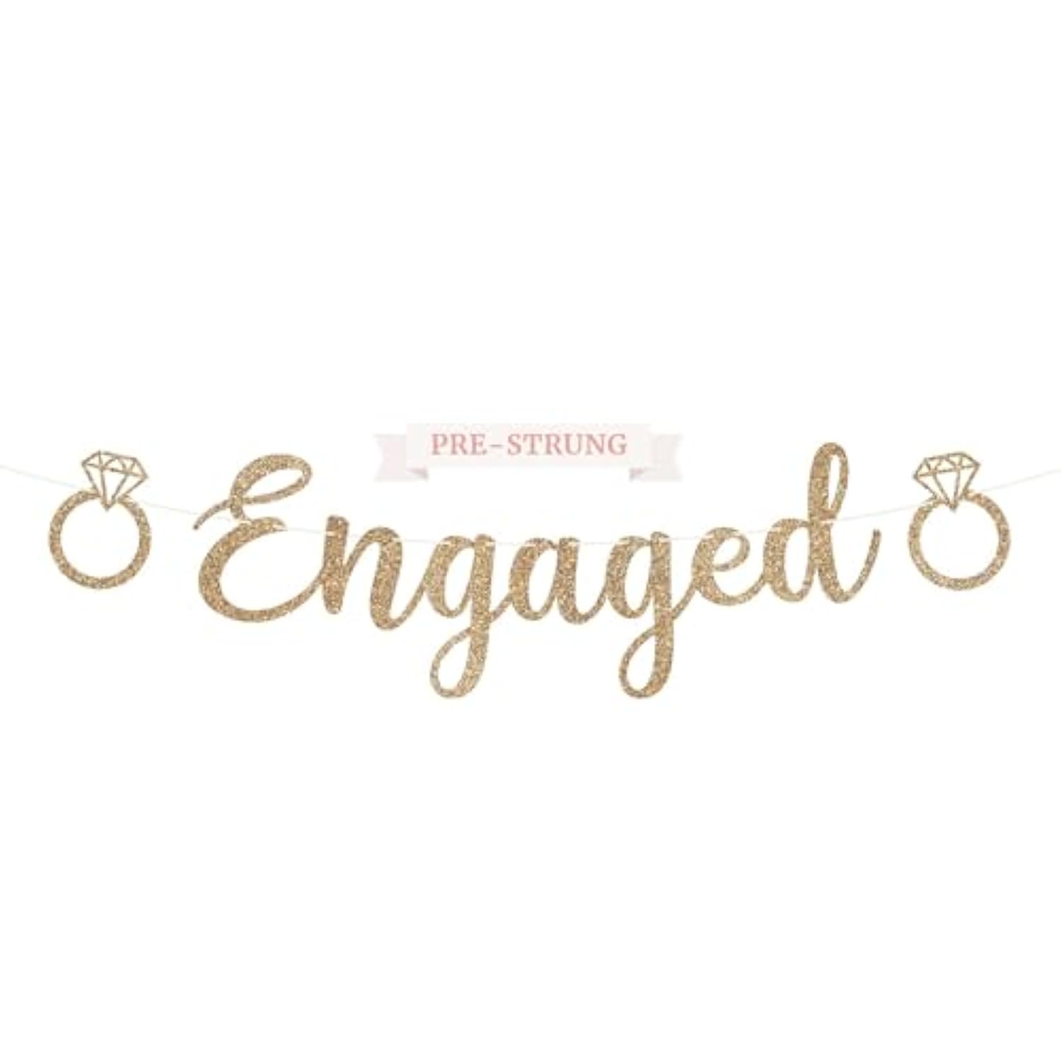 Pre-Strung Engaged Banner - No Diy - Gold Glitter Wedding Engagement Bridal Shower Banner - Pre-Strung On 8 Ft Strand - She Said Yes, Bride To Be, Happy Engagement Party Decorations - No Diy