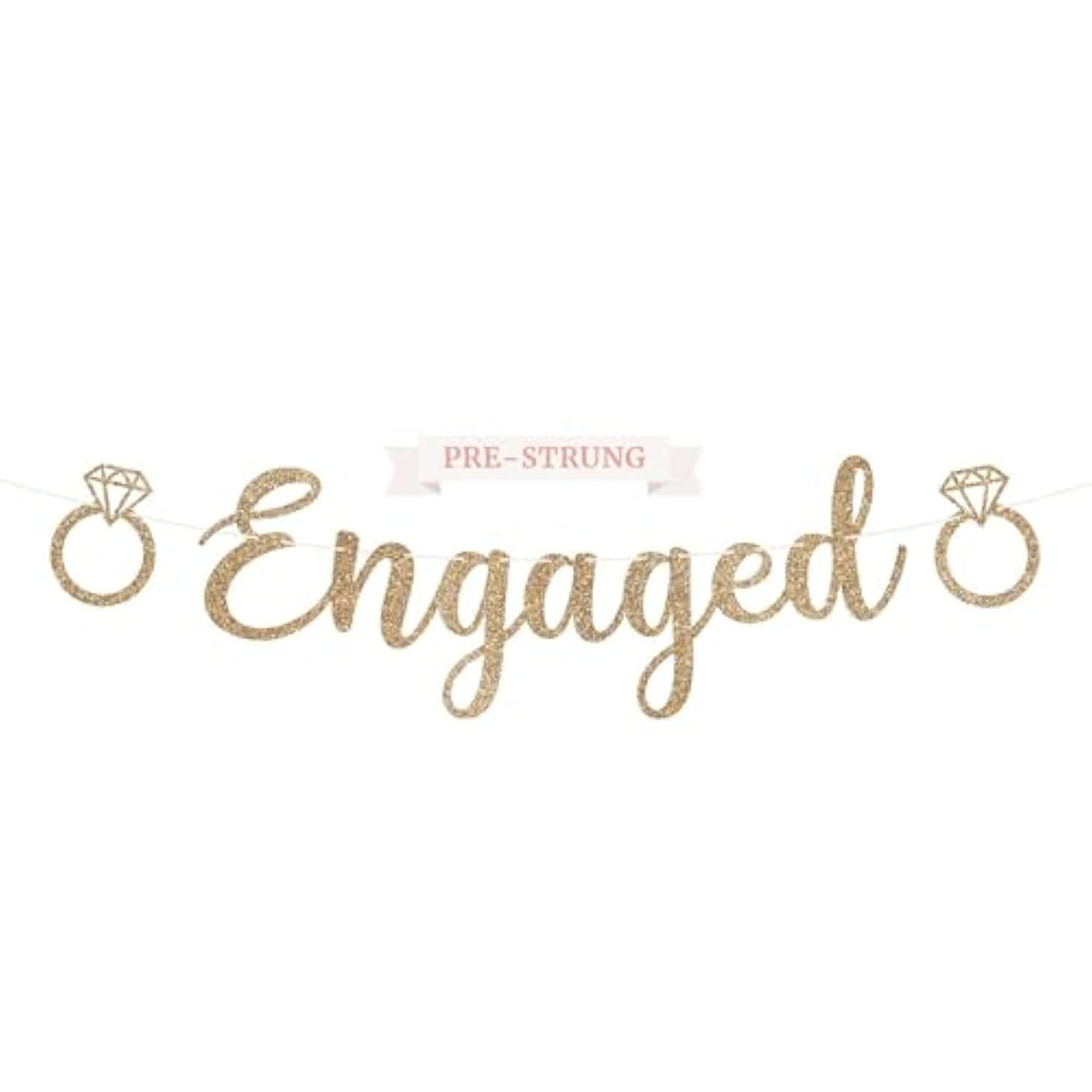 Pre-Strung Engaged Banner - No Diy - Gold Glitter Wedding Engagement Bridal Shower Banner - Pre-Strung On 8 Ft Strand - She Said Yes, Bride To Be, Happy Engagement Party Decorations - No Diy