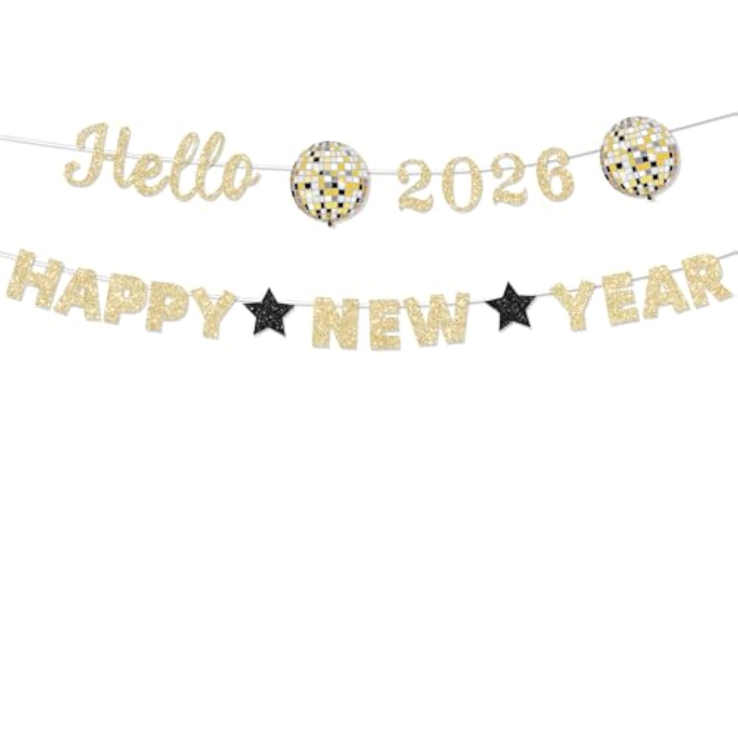 Pre-Strung Gold Glitter 2026 Happy New Year Banner for Party Decorations