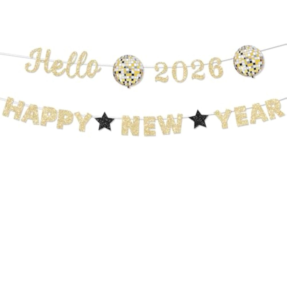 Pre-Strung Gold Glitter 2026 Happy New Year Banner for Party Decorations