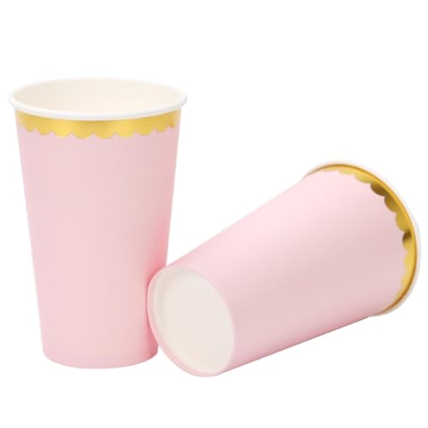16 Oz Pink Gold Paper Disposable Coffee Cups,Hot And Cold Beverage Drinking Cups With Scalloped Gold Foil Border,30 Pcs Party Paper Cups For Party,Picnic,Wedding, And Events
