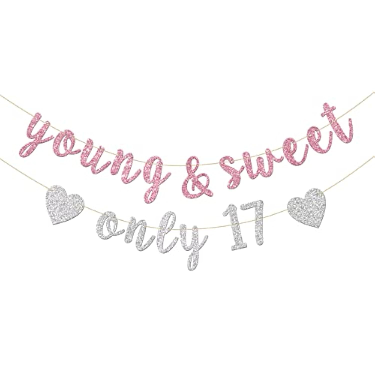 Young & Sweet Only 17 Banner - Happy 17Th Birthday Party Decor For Girls - Cheers To 17 Years Party Decorations Supplies, Pink & Silver Glitter