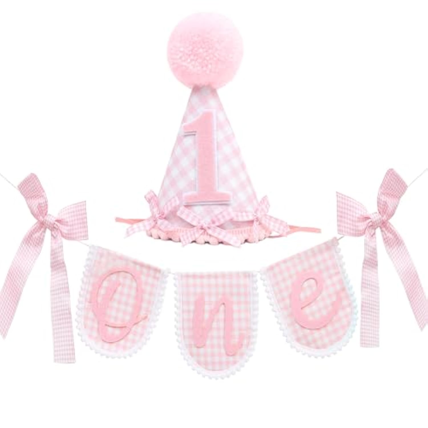 Pink Gingham First Birthday Party Decoration Set, One Banner 80 Inches, Pink Gingham Party Hat, 5.5 Inches, Pom Pom Topper With Number 1, Girls Birthday Decoration