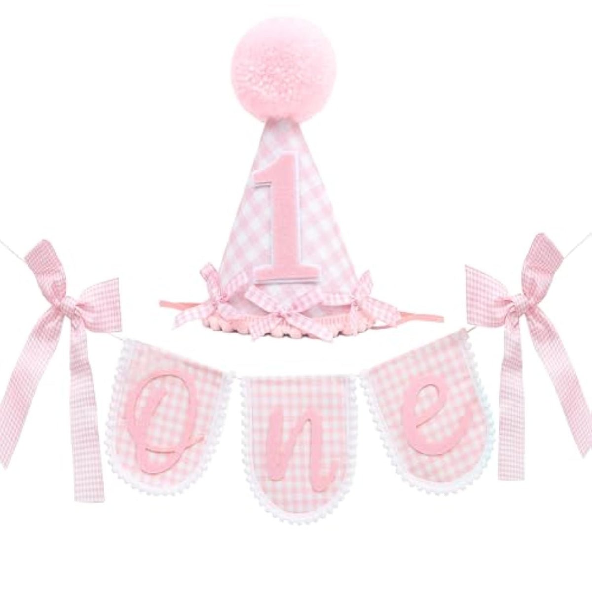 Pink Gingham First Birthday Party Decoration Set, One Banner 80 Inches, Pink Gingham Party Hat, 5.5 Inches, Pom Pom Topper With Number 1, Girls Birthday Decoration