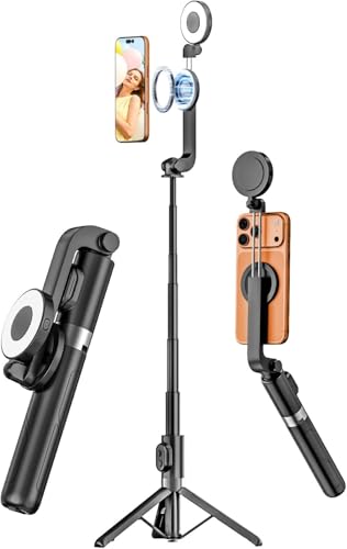 Magnetic Selfie Stick Tripod with Light & Remote, Phone Tripod with Magnetic Holder for Magsafe, 360° Rotatable Cellphone Stand for iPhone/Android