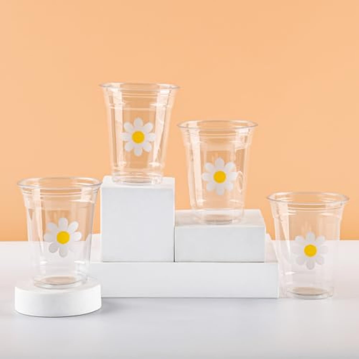 Daisy Plastic Cups Groovy Party Cups Disposable 12 Oz White Flower Cold Drinking Cups For Hippie Boho Party Decor Spring Birthday Baby Shower Supplies (50)