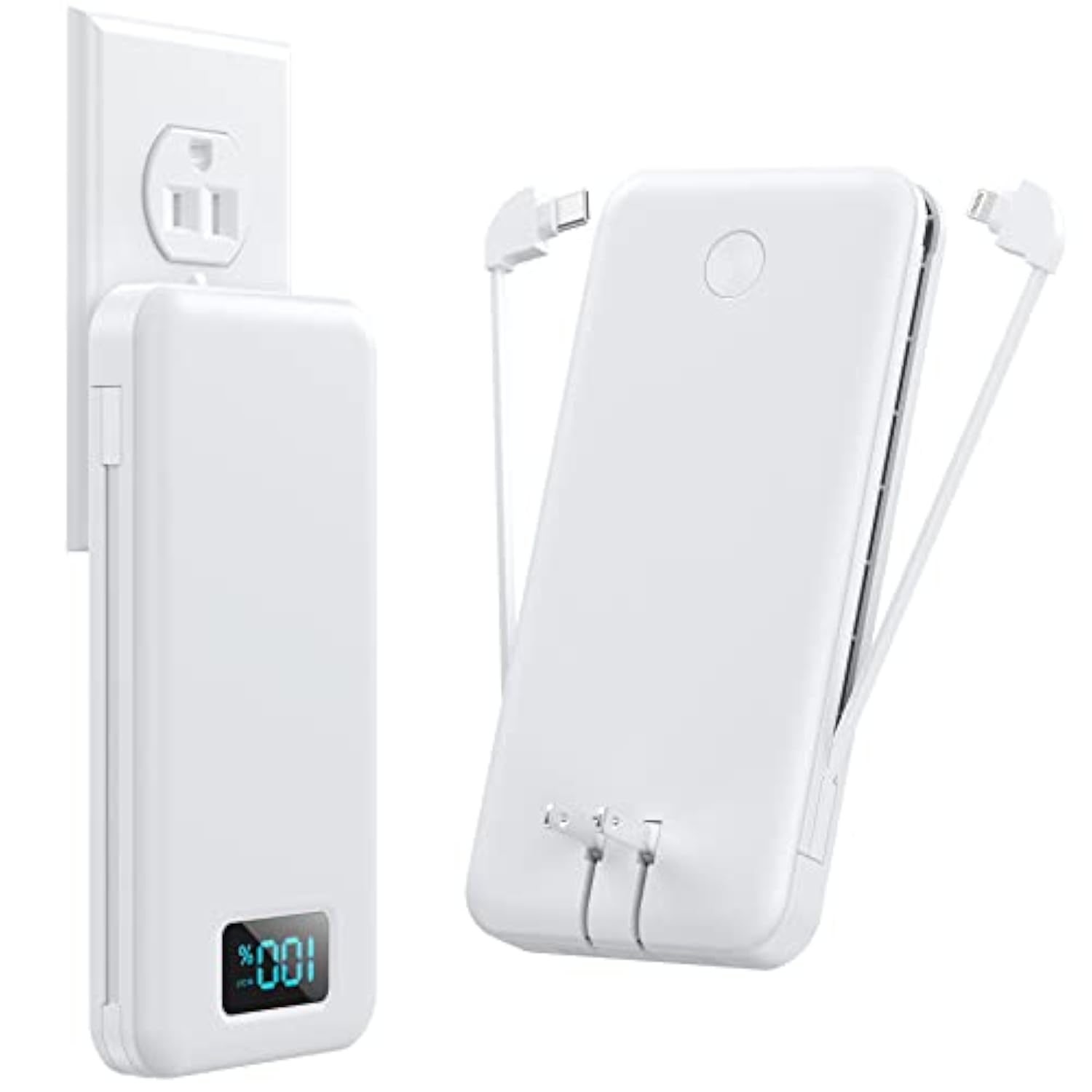 Portable Charger With Built-In Cables & Ac Wall Plug,Ultra Slim 13800Mah Usb-C Power Bank,4 Output 2 Input Lcd Display External Battery Pack Phone Charger Compatible With Iphone Samsung Android-White