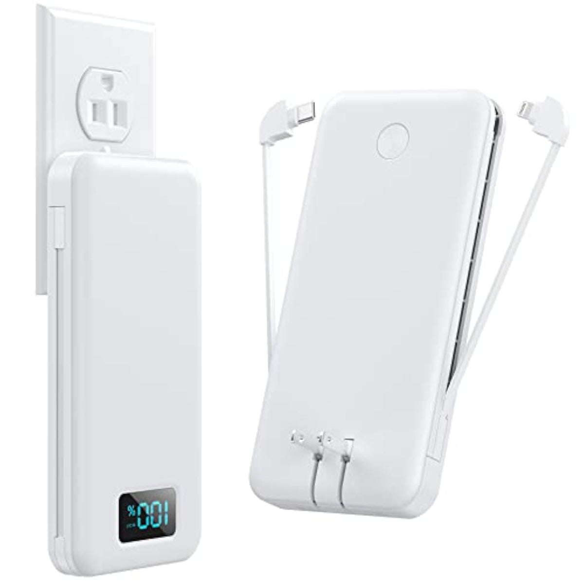 Portable Charger With Built-In Cables & Ac Wall Plug,Ultra Slim 13800Mah Usb-C Power Bank,4 Output 2 Input Lcd Display External Battery Pack Phone Charger Compatible With Iphone Samsung Android-White