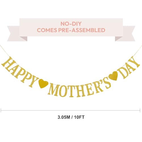Happy Mother's Day Decorations Banner - NO DIY - Gold Glitter Mothers Day Party Supplies Decorations Backdrop for Mom Photo Props Photography