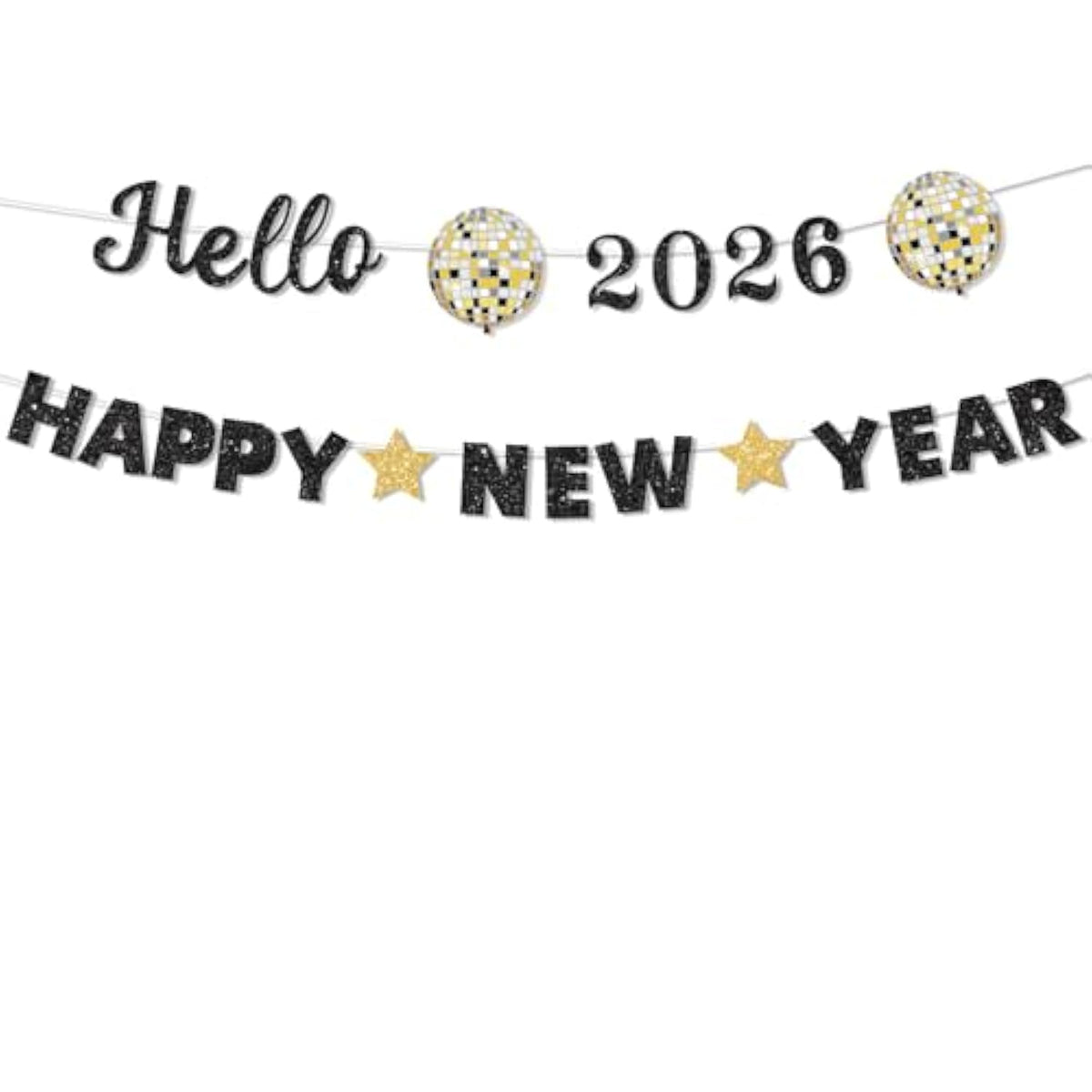 Glitter Hello 2026 Happy New Year Banner Pre-Strung Black for Party Decor
