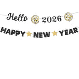 Glitter Hello 2026 Happy New Year Banner Pre-Strung Black for Party Decor