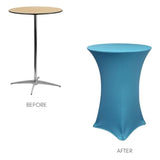 30" D X 42" H Highboy Cocktail Round Stretch Spandex Table Cover - Malibu Blue, Fitted Elastic Tablecloth For Round Tables, Outdoor Party Dj Tradeshow Banquet Vendor Wedding