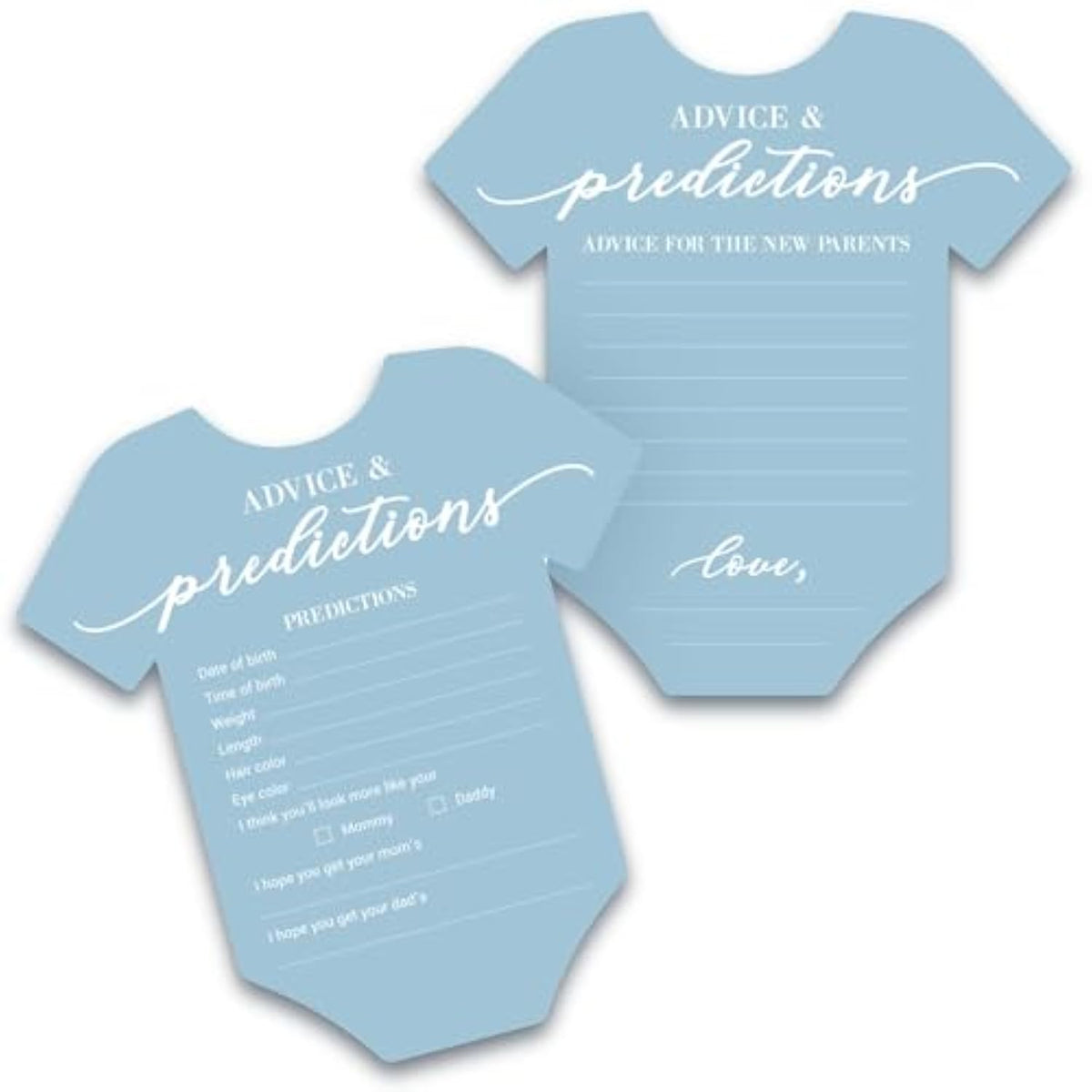 Baby Shower Advice & Prediction Cards - For 50 Guests - Blue Onesie Double Sided Advice + Predictions Cards - Minimalist Baby Shower Decorations & Games For Boys - (Set Of 50)