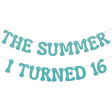 "Summer I Turned 16 Banner, Blue Glitter Sweet 16 & Beach Party Decorations"