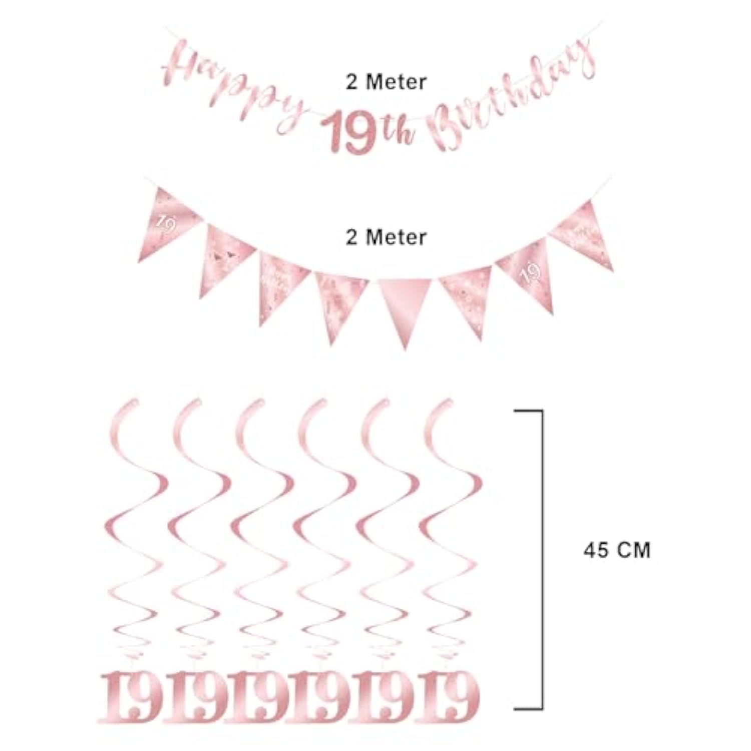 19Th Birthday Decoration Kit, Happy 19Th Birthday Banner Bunting Swirls Streamers, Triangle Flag Banner For Birthday Party Decorations Supplies Rose Gold 19Th