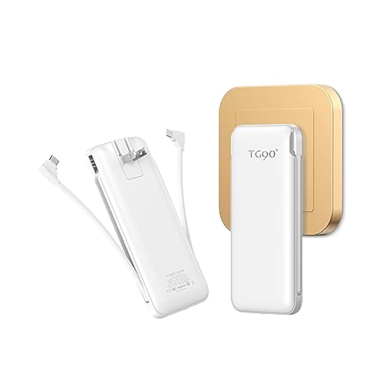 Power Bank With Built In Ac Wall Plug, Ultra Slim 10000Mah Portable Charger With Built In Cables External Battery Pack Compatible With Iphone Android Smart Devices