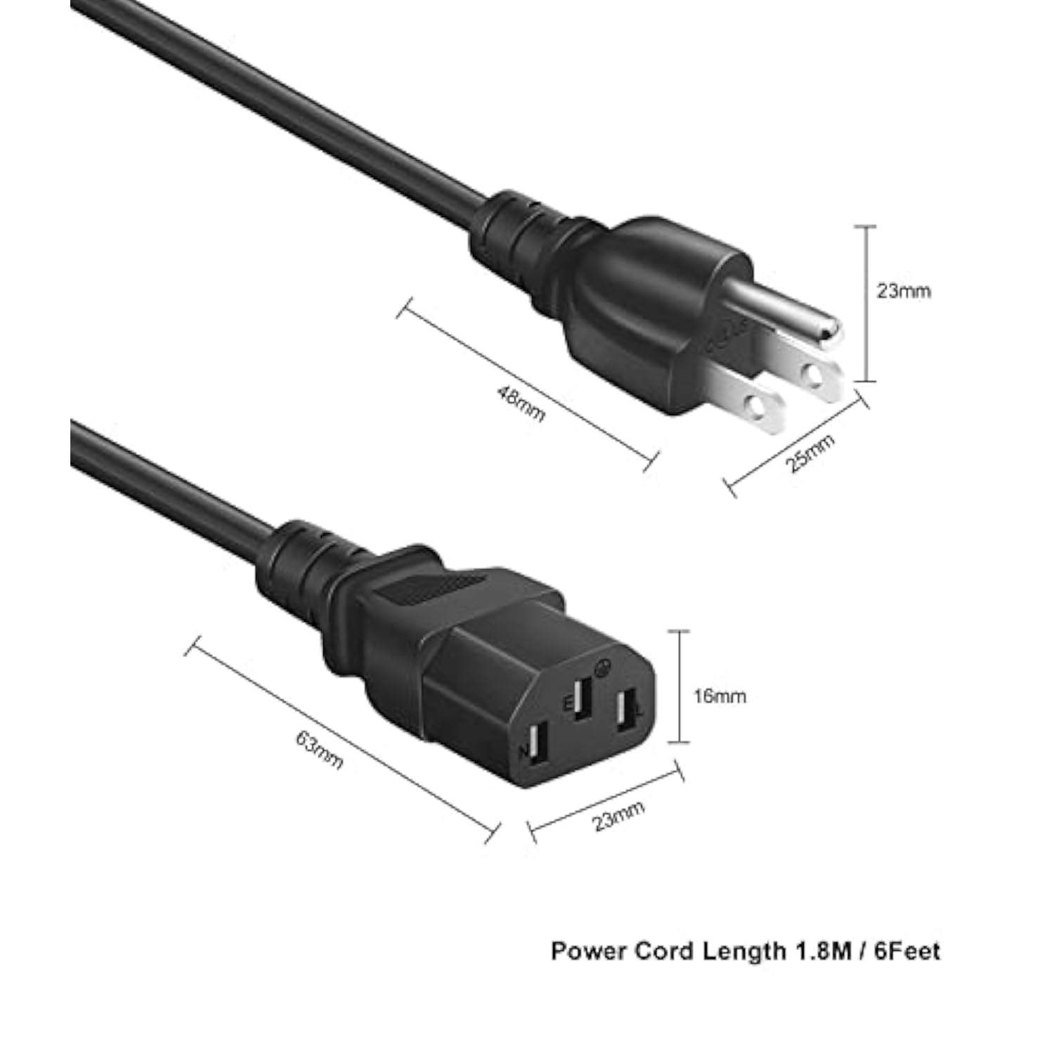 6 Ft 10 Amps 125 Volts 3 Prong Ac Power Cord Cable For Tv, Computer, Monitor, Printer, Radio, Samsung, Dell, Vizio, Lg, Asus, Laptop, Electronics And More (10A 125V 18Awg)