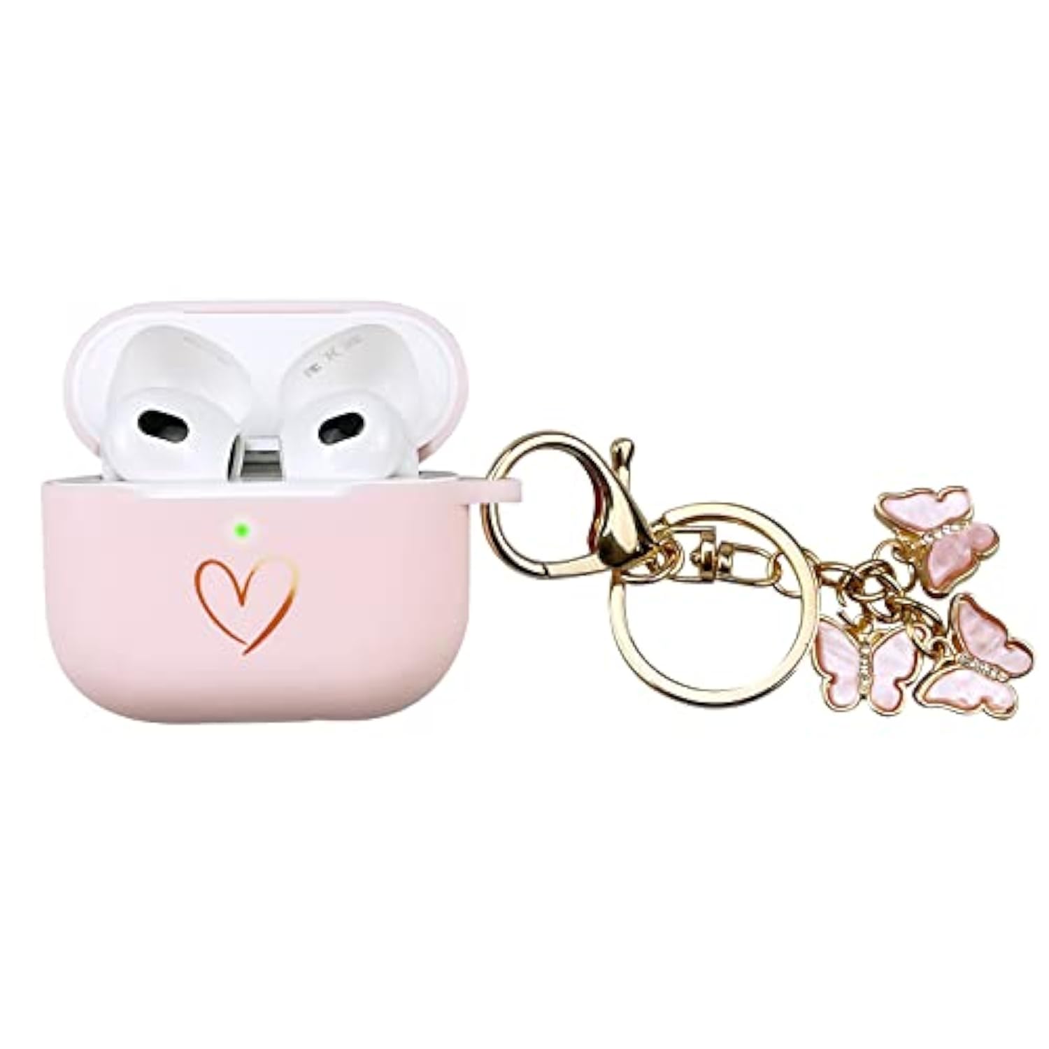 Compatible With Airpods 3 Case Cover 2021, Soft Silicone Case With Gold Heart Pattern For Airpods 3Rd Generation, Cute Butterfly Keychain For Girls Women (Pink)