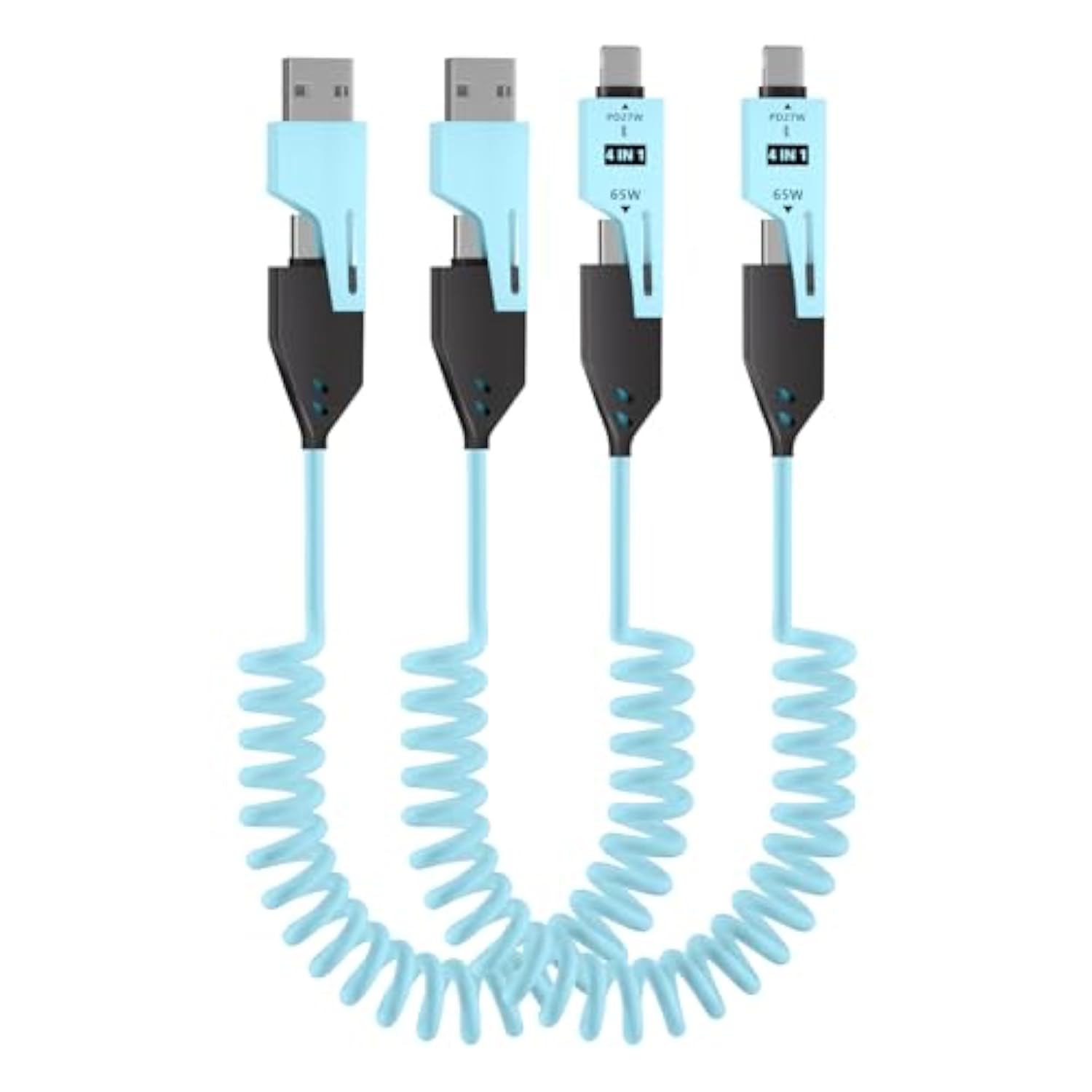 4 In 1 Charging Cable - 65W-4Ft Usb C Coiled Cable,Usb To Usb C Cable For Car,Compatible With Smart Phones?Laptop And More Devices,2 Pack(Blue)