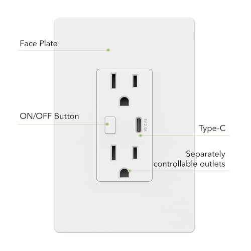 Smart Electrical Outlet With 2 Controlled Plugs And Type-C Charging, In-Wall Smart Wi-Fi Outlet With Voice And App Remote Control, Compatible With Alexa And Google Assistant, 2.4Ghz Wi-Fi Only