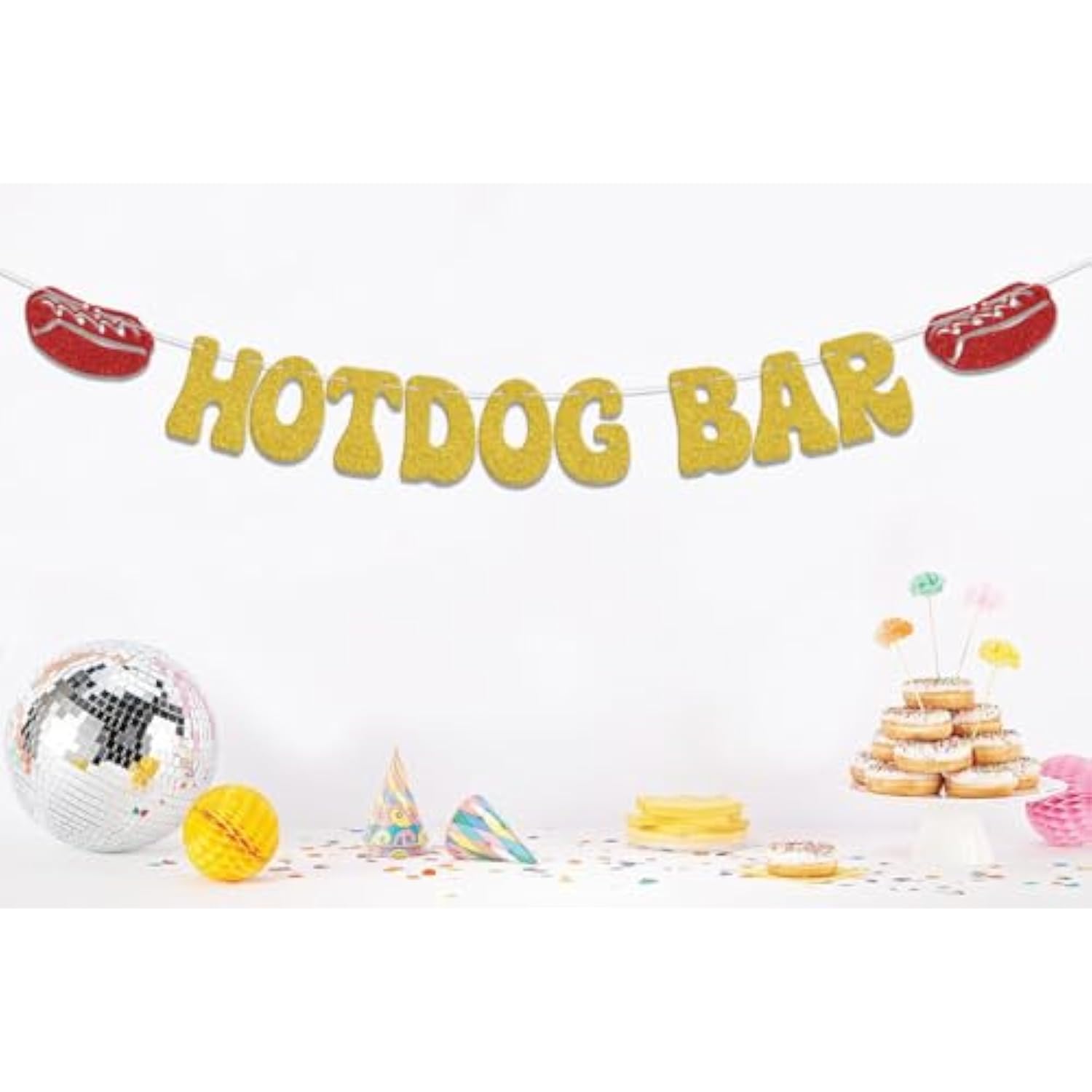 Hotdog Bar Banner,Hotdog Birthday Party Decorations,Fiesta Birthday Food Party Decor,Build Your Own Hot Dog Sign,Flaming Hot Dog Sausage Home Party Supplies Gold Red