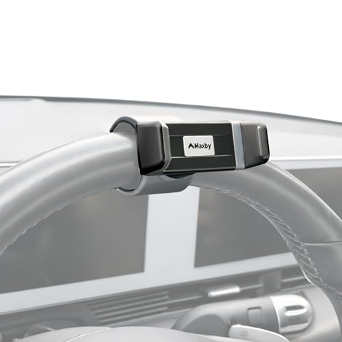 Steering Wheel Phone Holder Mount for Parked Use, Universal Clamp Fits Most Phones, 360° Rotating Adjustable Bracket, Quick Attach Detach, Hands-Free