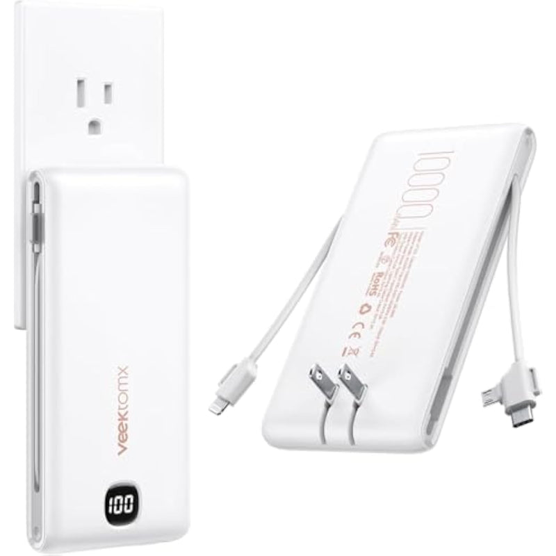 Portable Charger With Built In Cables 10000Mah, Power Bank For Iphone With Wall Plug, Travel Essential Fast Charging Usb C Slim External Battery Pack For Iphone16/15/14, Samsung, Ipad, Etc