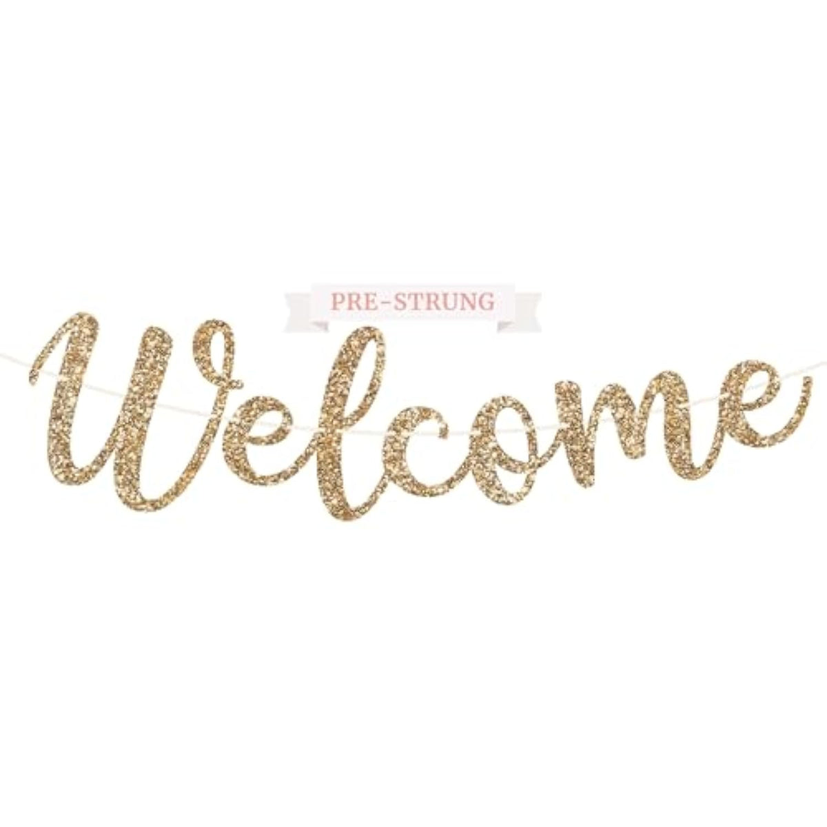 Pre-Strung Welcome Banner - No Diy - Gold Glitter Welcome Banner In Script - Pre-Strung On 6 Ft Strand - Classroom, Office, Front Door, Baby & Bridal Showers Party Decorations. Did We Mention No Diy