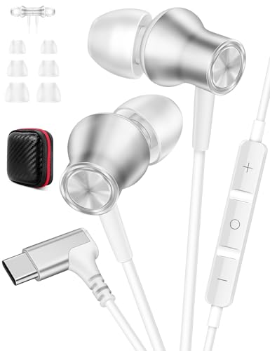 USB C Wired Earbuds for iPhone 17 16 15 90° Right Angle in-Ear Type C Headphones with Microphone Magnetic Hi Fi Stereo USB C Earphones for