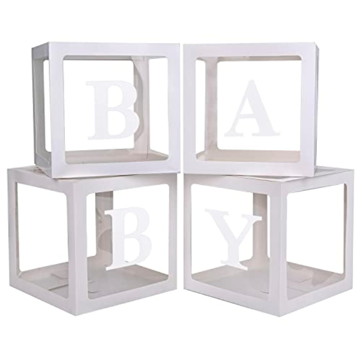 Baby Boxes With 4 Pcs Letters For Baby Shower White Clear Balloon Box Blocks Gender Reveal Decorations And Birthday Party (White)