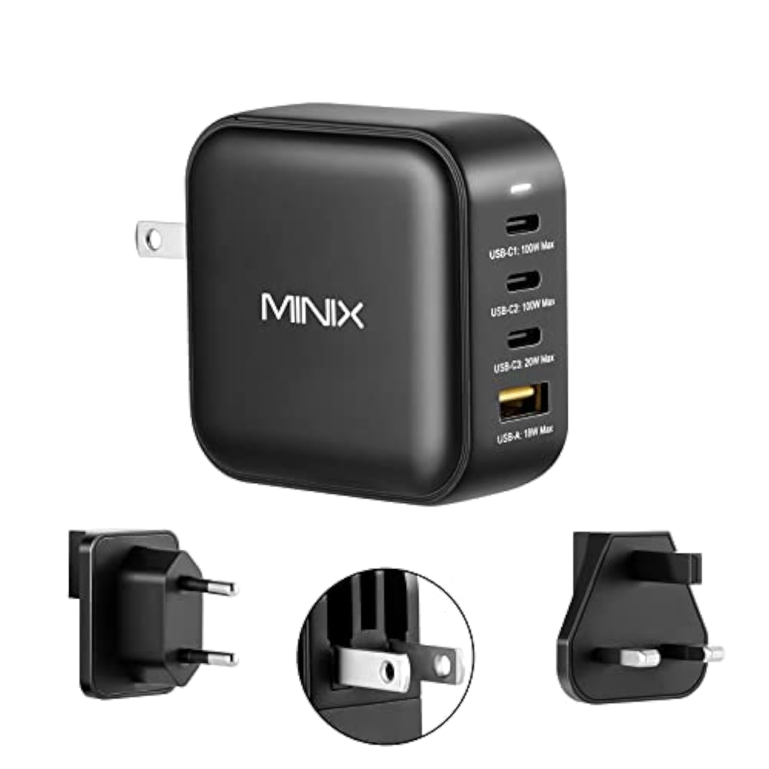 MINIX NEO P3 100W Turbo 4-Ports GaN Wall Charger, 3 x USB-C Port Fast Charging Adapter(Max 100W/20W), 1 USB-A (Max 18W). Compatible with MacBook Pro Air, iPad Pro, iPhone 14,Galaxy S9 and More.