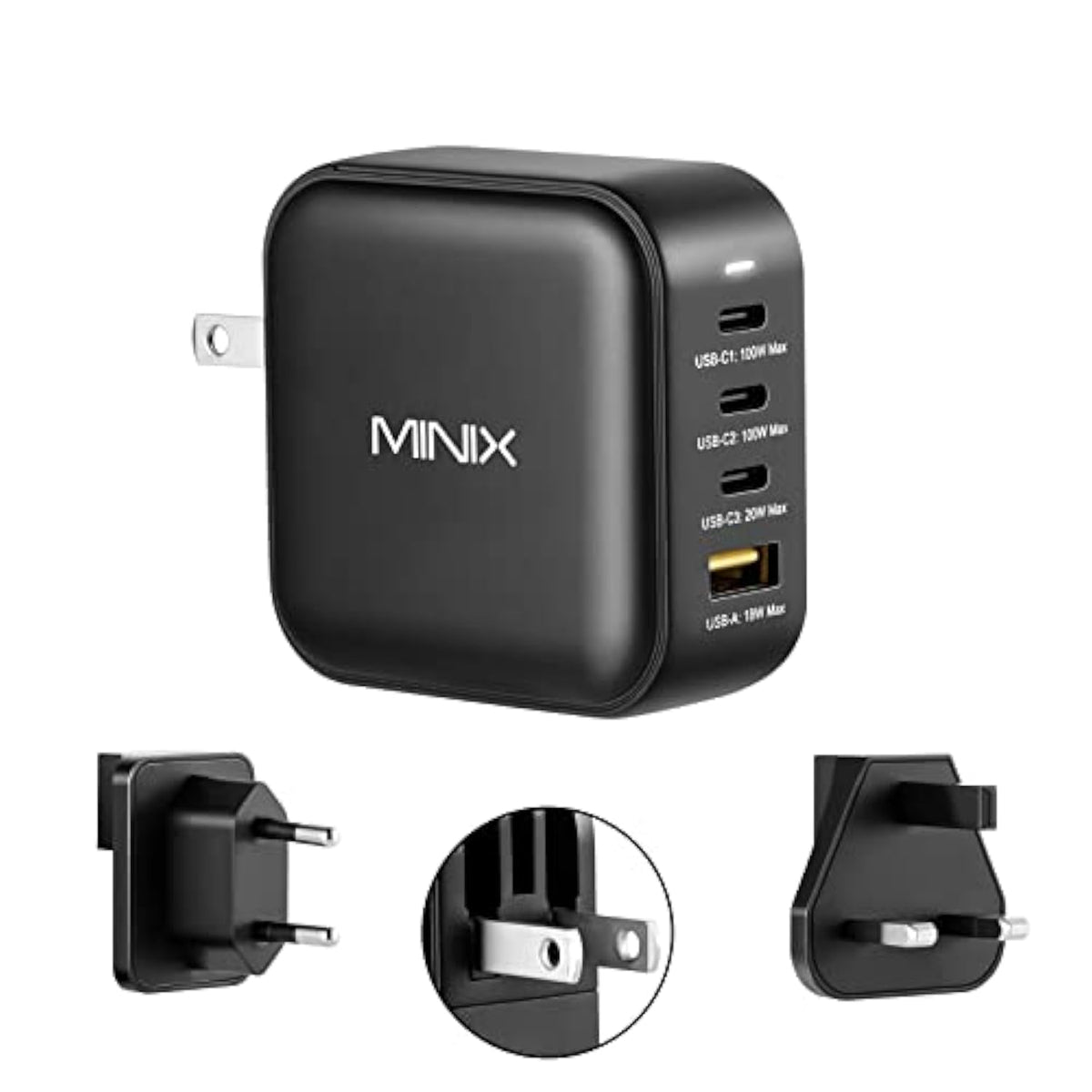 MINIX NEO P3 100W Turbo 4-Ports GaN Wall Charger, 3 x USB-C Port Fast Charging Adapter(Max 100W/20W), 1 USB-A (Max 18W). Compatible with MacBook Pro Air, iPad Pro, iPhone 14,Galaxy S9 and More.