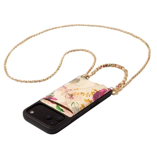 Lily Crossbody Phone Case for iPhone 17 Pro Max. 100% Genuine Pebble Leather. Ivory Floral with Gold Hardware. Removable Crossbody and Wristlet Strap.