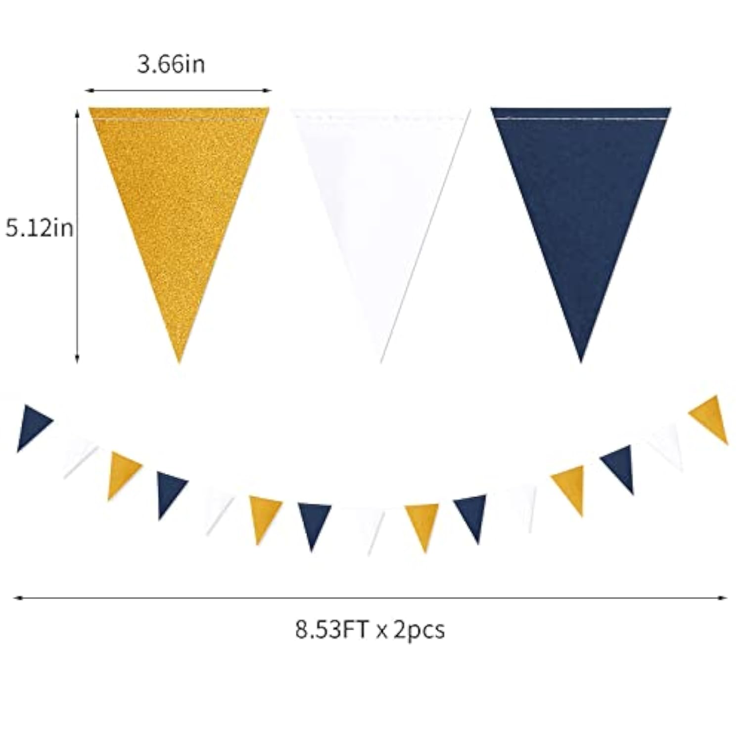 Navy-Blue White-Gold Party Decorations Banner - 2 Pack Men Birthday Graduation 2025 Glitter Sprinkles Paper Pennant Triangle Flags, Fathers Day Wedding Baby Bridal Shower Bunting
